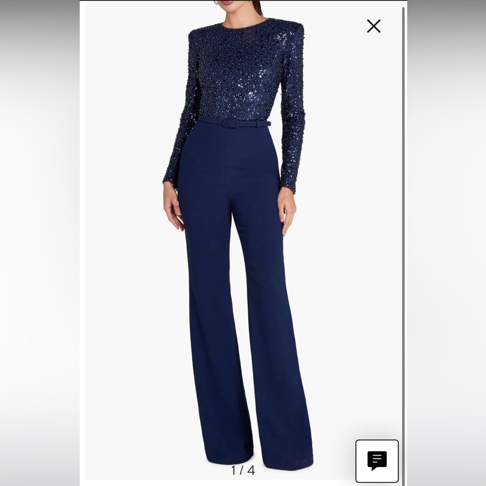 new Nadine Merabi Misha Belted Long Sleeve Flare Jumpsuit dark navy blue